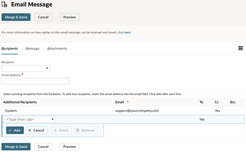 NetSuite Email Message screen showing Additional Recipients sublist